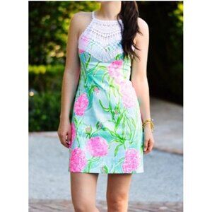 Lilly Pulitzer Pearl Shift Dress Poolside Blue Floral sz 10‎ NEW Crochet $198